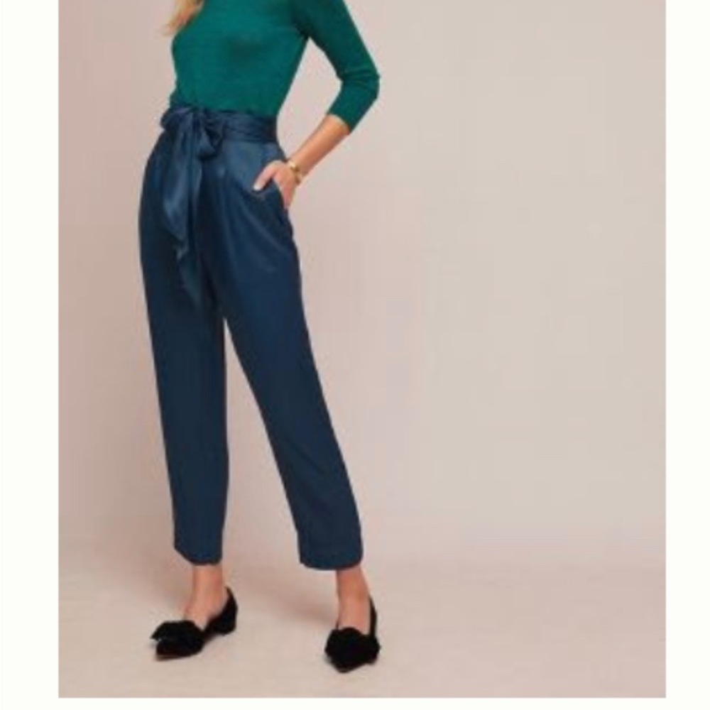 Satin tie-waist pants from Anthropologie, dark teal
